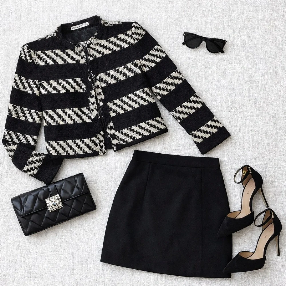 Alice + Olivia Black & White Tweed Cropped Jacket Blazer Size M - Picture 3 of 6